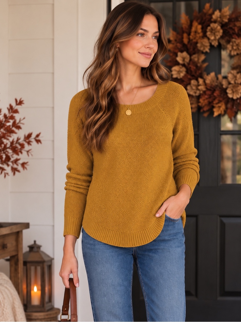LOFT Mustard Sweater M Cotton Wool Blend Scoop Neck Rounded Hem